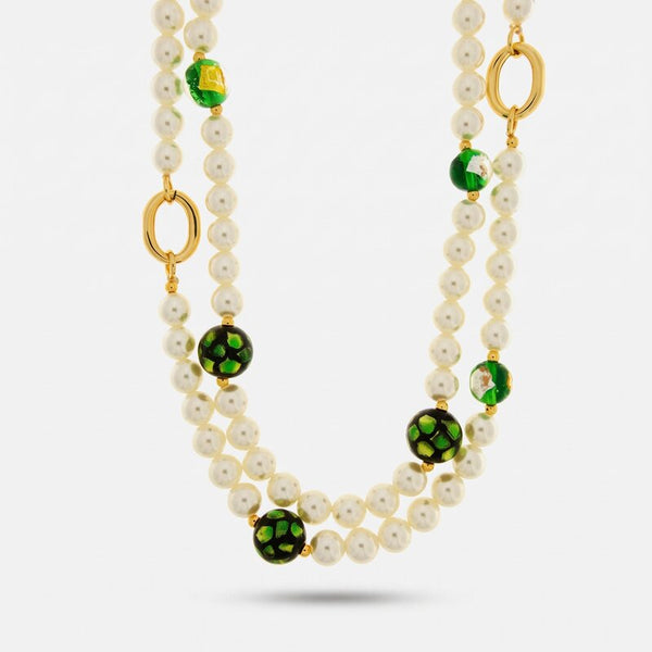 Collana in Metallo con doppio giro di perle e cristalli verdi - BYSIMON gioielli