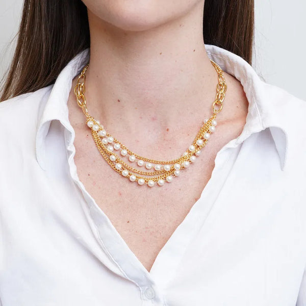 Collana in Metallo multifilo con perle e catene - BYSIMON gioielli