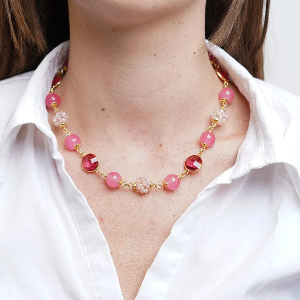 Collana in Metallo con sfere e cristalli rosa - BYSIMON gioielli