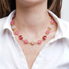 Metal necklace with spheres and pink crystals