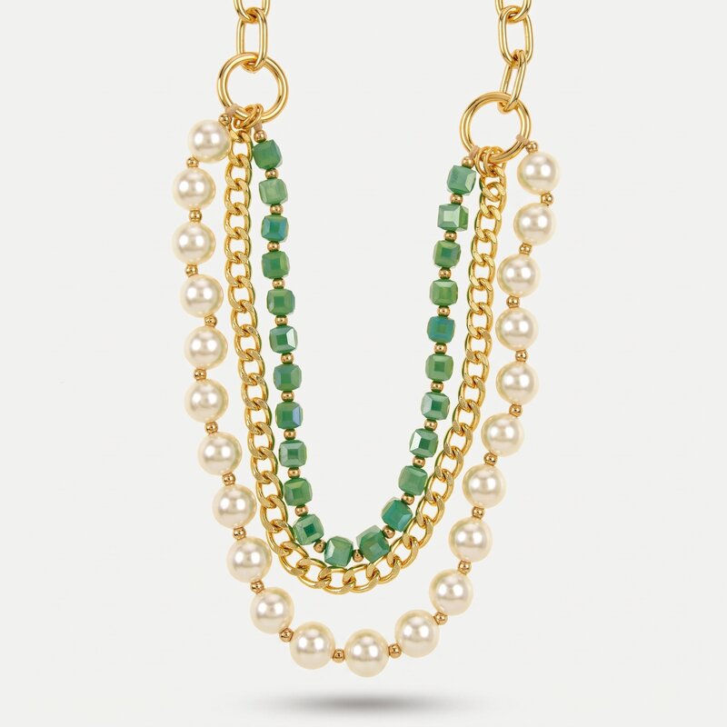 Collana in Metallo mutlifilo con cristalli verdi, perle e catene - BYSIMON gioielli