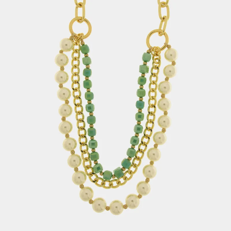 Collana in Metallo mutlifilo con cristalli verdi, perle e catene