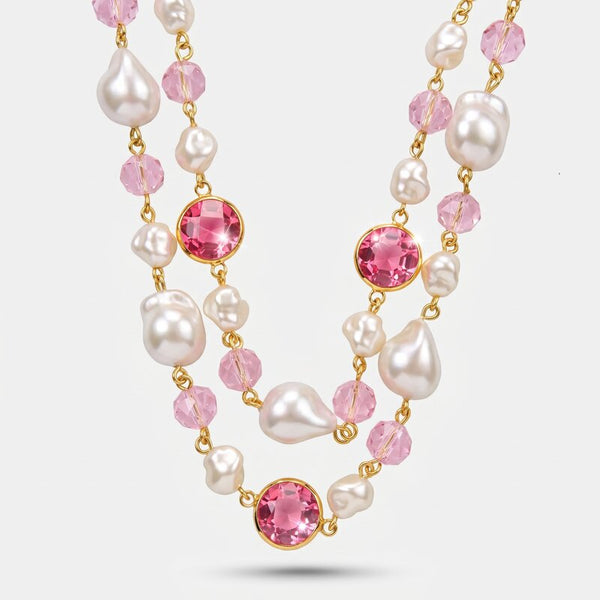 Collana in Metallo mutlifilo con cristalli rosa e perle - BYSIMON gioielli
