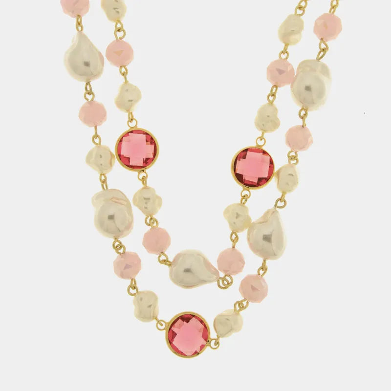 Collana in Metallo mutlifilo con cristalli rosa e perle