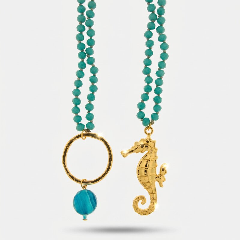 Collana in Metallo multifilo con cristalli verdi ispirati all'art glass e cavalluccio marino - BYSIMON gioielli