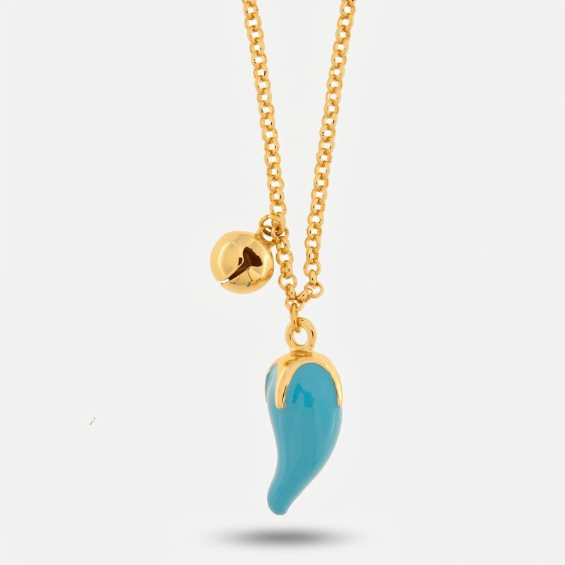 Collana con cornicello napoletano azzurro in metallo | corno portafortuna napoli | BYSIMON