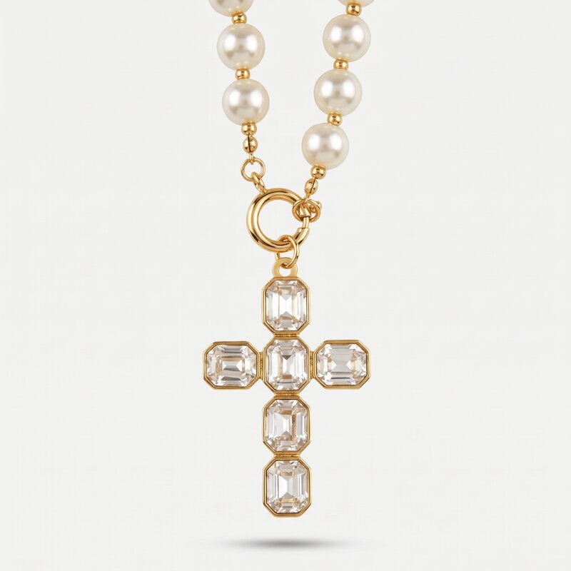 Collana in Metallo croce con cristalli e perle - BYSIMON gioielli
