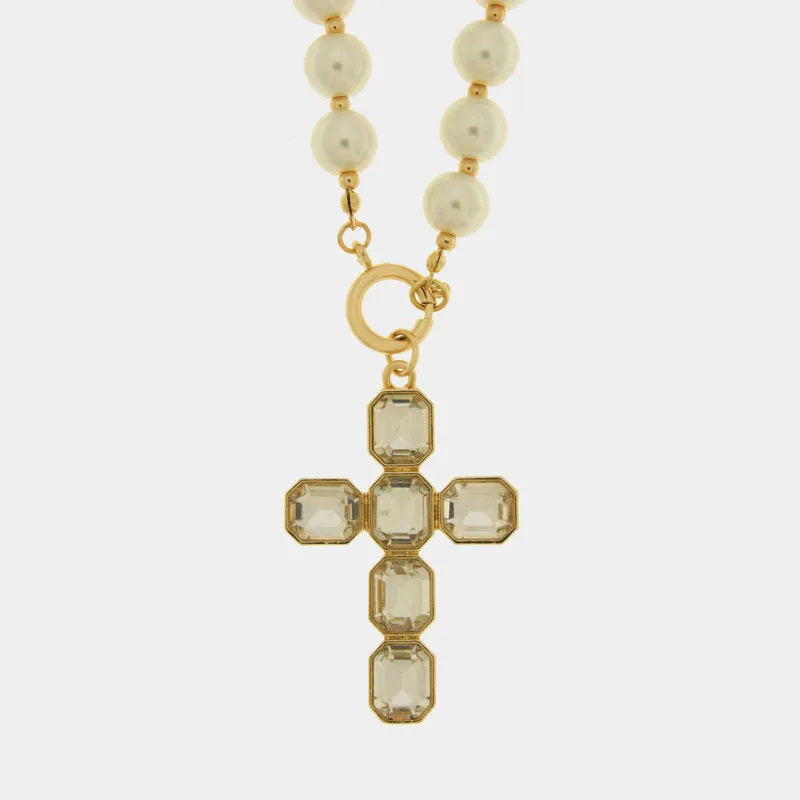 Collana in Metallo croce con cristalli e perle - BYSIMON gioielli