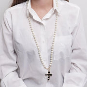 Collana in Metallo croce con cristalli neri e perle