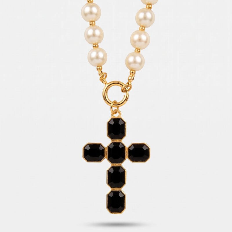 Collana in Metallo croce con cristalli neri e perle - BYSIMON gioielli