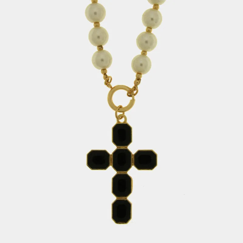 Collana in Metallo croce con cristalli neri e perle - BYSIMON gioielli