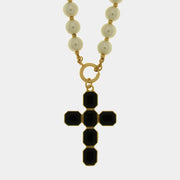 Collana in Metallo croce con cristalli neri e perle