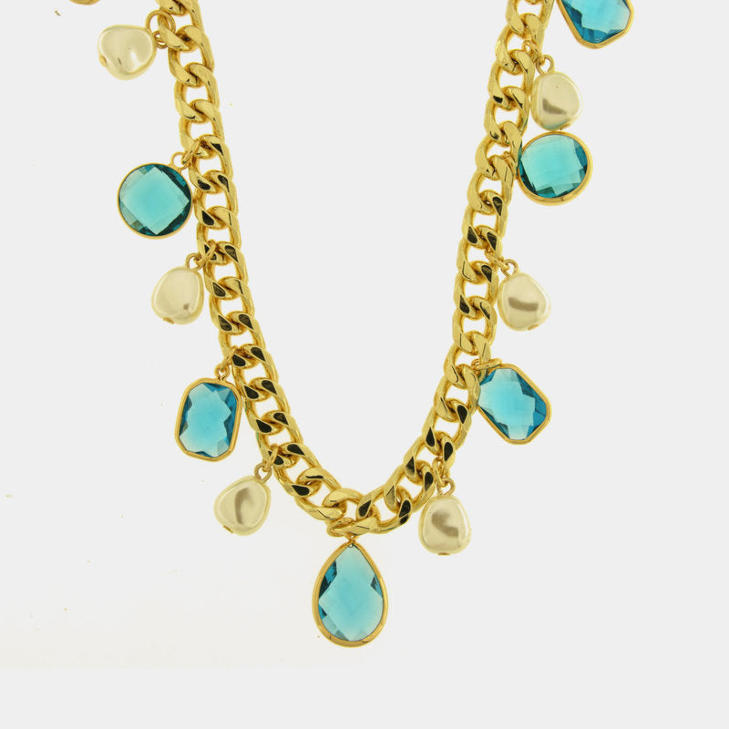 Collana in Metallo giro di perle e cristalli azzurri