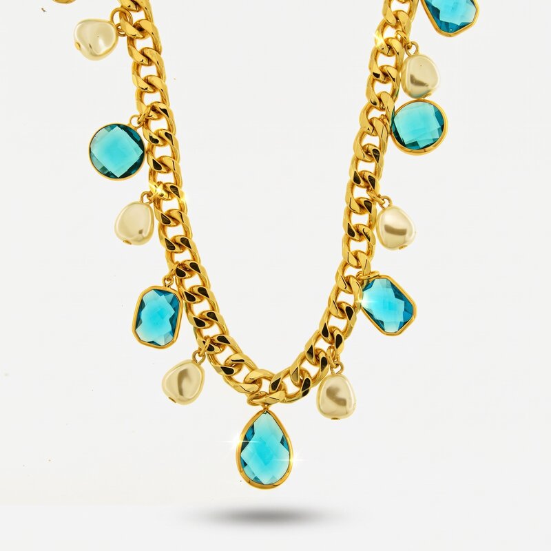 Collana in Metallo giro di perle e cristalli azzurri - BYSIMON gioielli