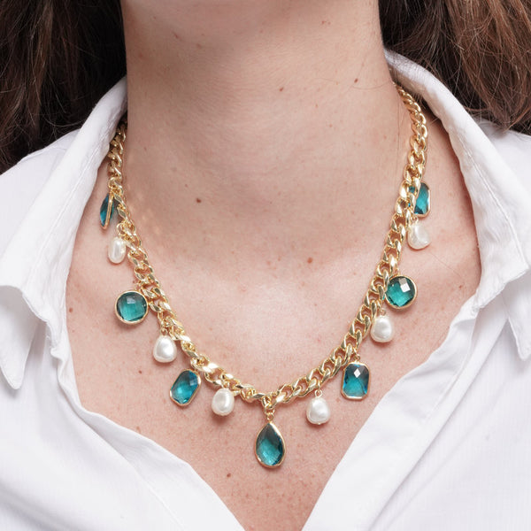 Collana in Metallo giro di perle e cristalli azzurri - BYSIMON gioielli