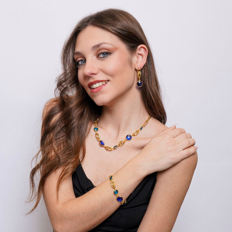 Set coordinato - Collana in Metallo cristalli blu e azzurri