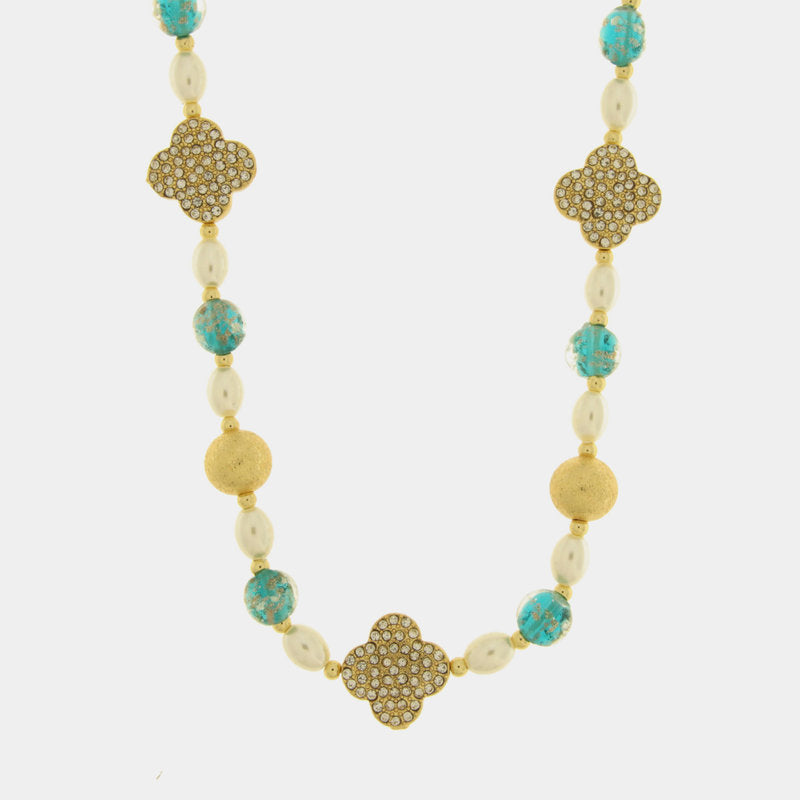 Collana in Metallo pietre azzurri di Murano con fiori e perle