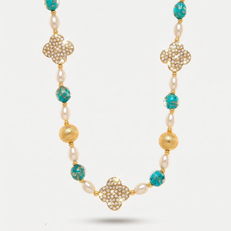 Collana in Metallo pietre azzurre art glass con fiori e perle - BYSIMON gioielli