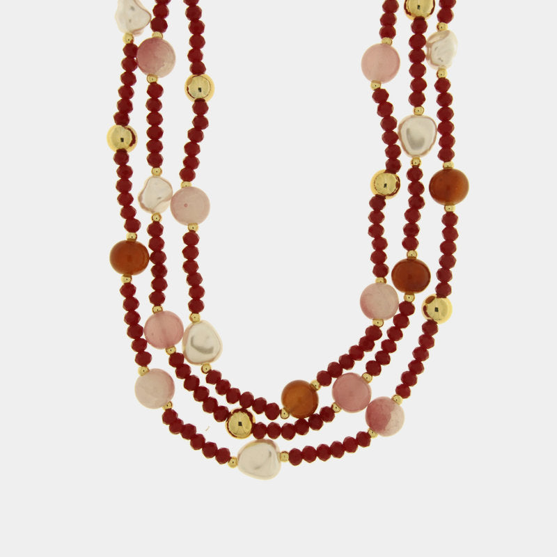 Collana in Metallo multifilo con cristalli rossi - BYSIMON gioielli