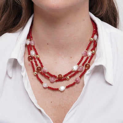 Collana in Metallo multifilo con cristalli rossi - BYSIMON gioielli