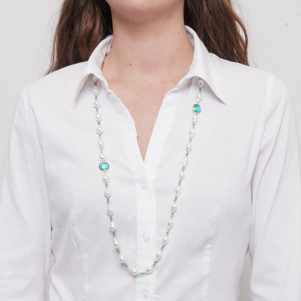 Collana in Metallo cristalli turchesi e perle - BYSIMON gioielli