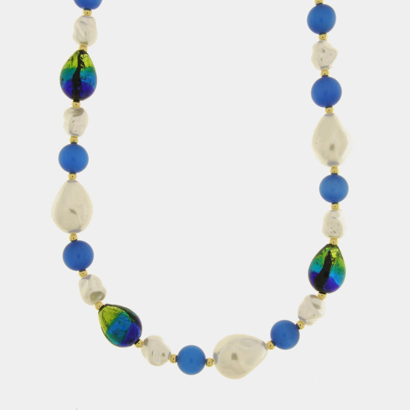 Collana in Metallo pietre blu di Murano e perle - BYSIMON gioielli
