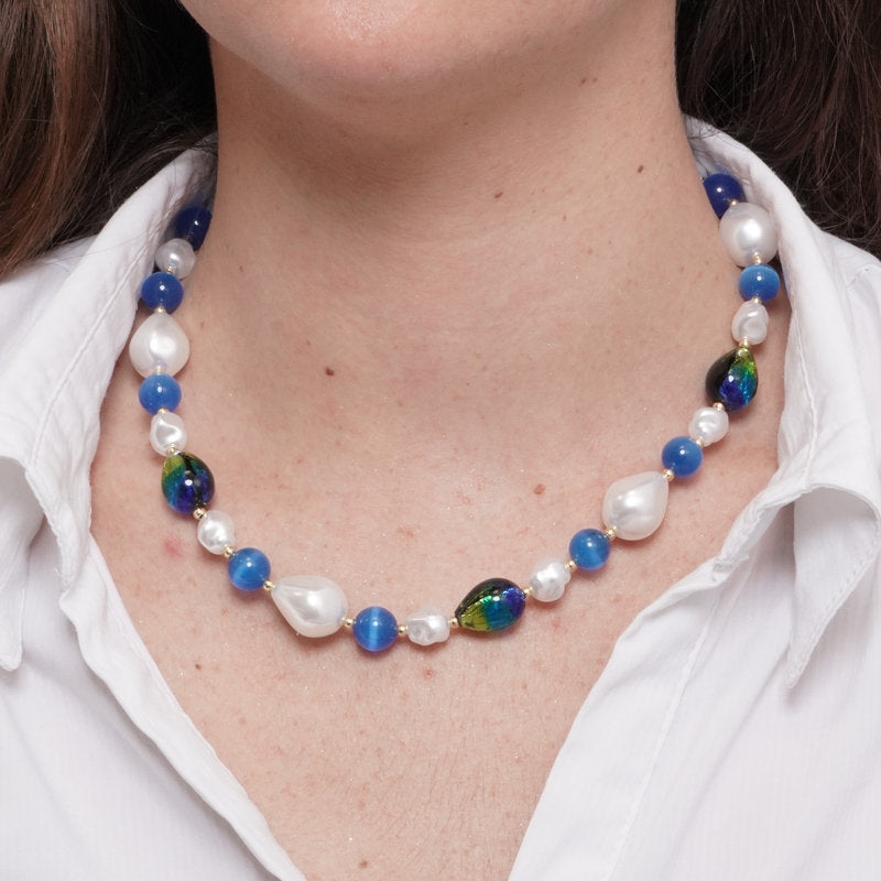 Collana in Metallo pietre blu di Murano e perle - BYSIMON gioielli