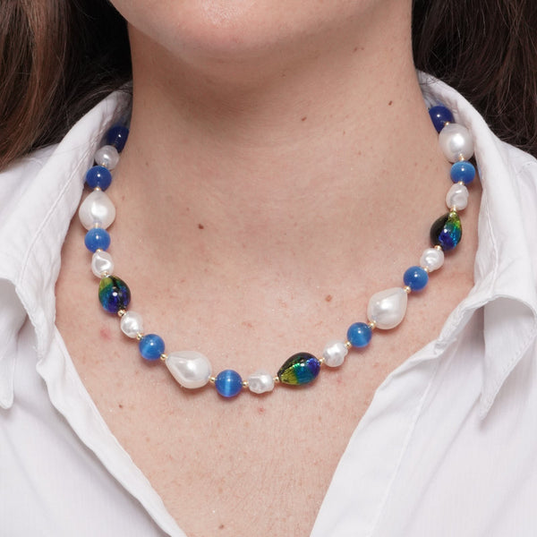 Collana in Metallo pietre blu di Murano e perle - BYSIMON gioielli