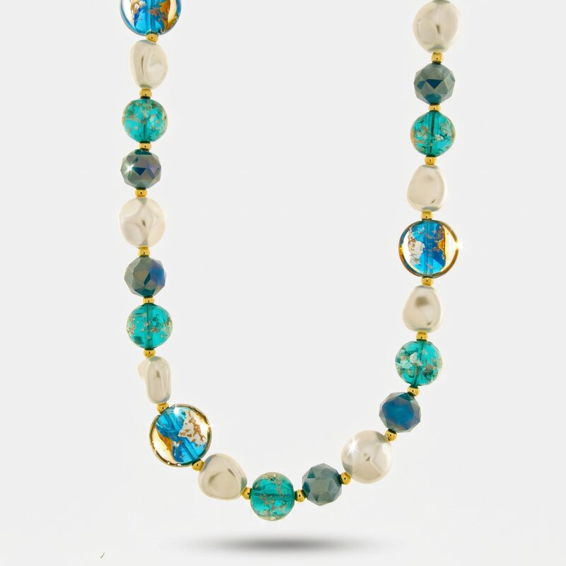 Collana in Metallo pietre verdi art glass e perle - BYSIMON gioielli