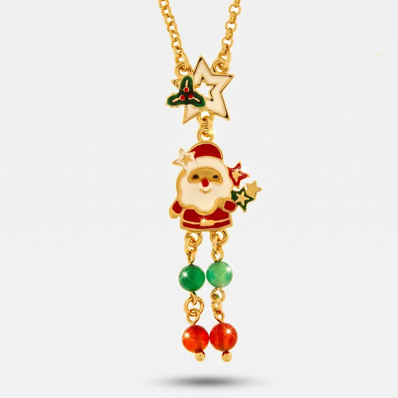 Collana in Metallo babbo Natale, stelle colorate e vischio