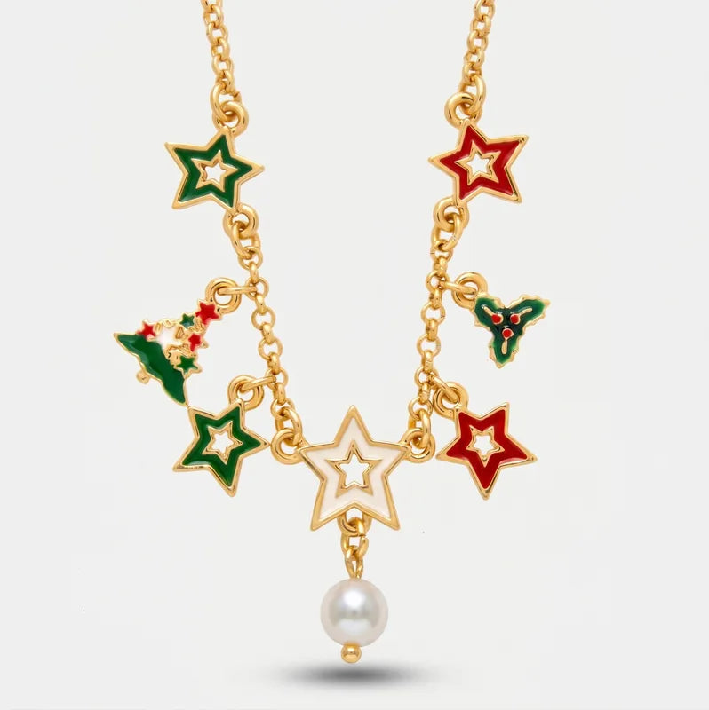 Collana in Metallo stelle colorate, albero di Natale e vischio