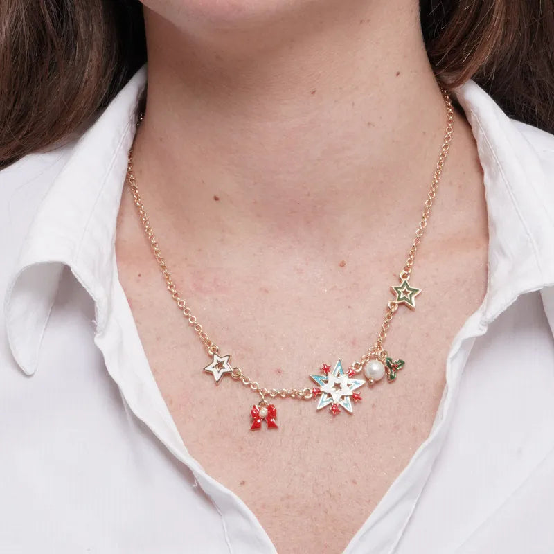 Collana in Metallo stelle colorate, fiocco rosso e vischio - BYSIMON gioielli