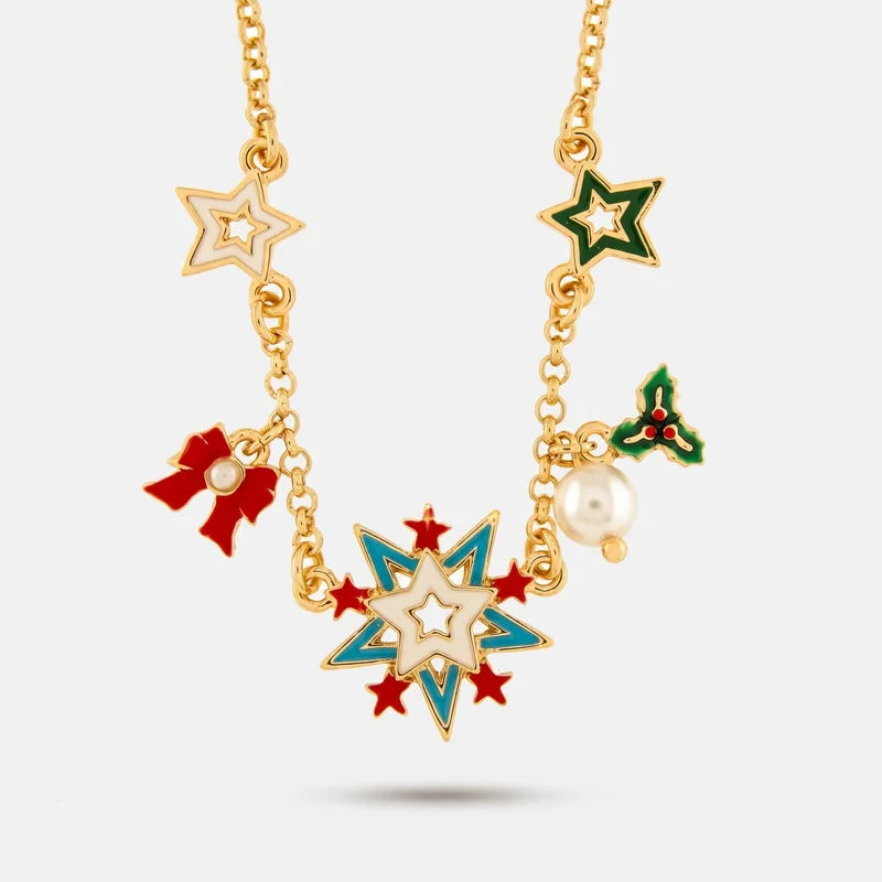 Collana in Metallo stelle colorate, fiocco rosso e vischio - BYSIMON gioielli