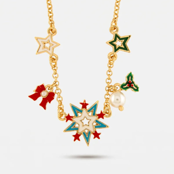 Collana in Metallo stelle colorate, fiocco rosso e vischio - BYSIMON gioielli