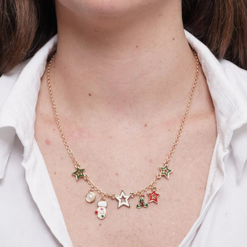 Metal necklace with colored stars, mistletoe, and glove