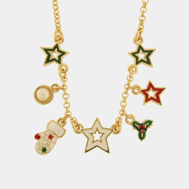 Metal necklace with colored stars, mistletoe, and glove