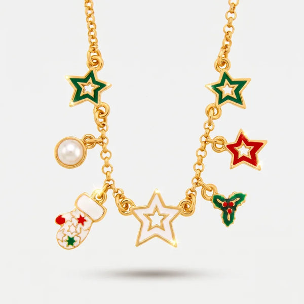 Collana in Metallo stelle colorate, vischio e guanto