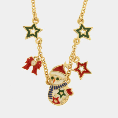 Snowman, stars, and red bow metal necklace