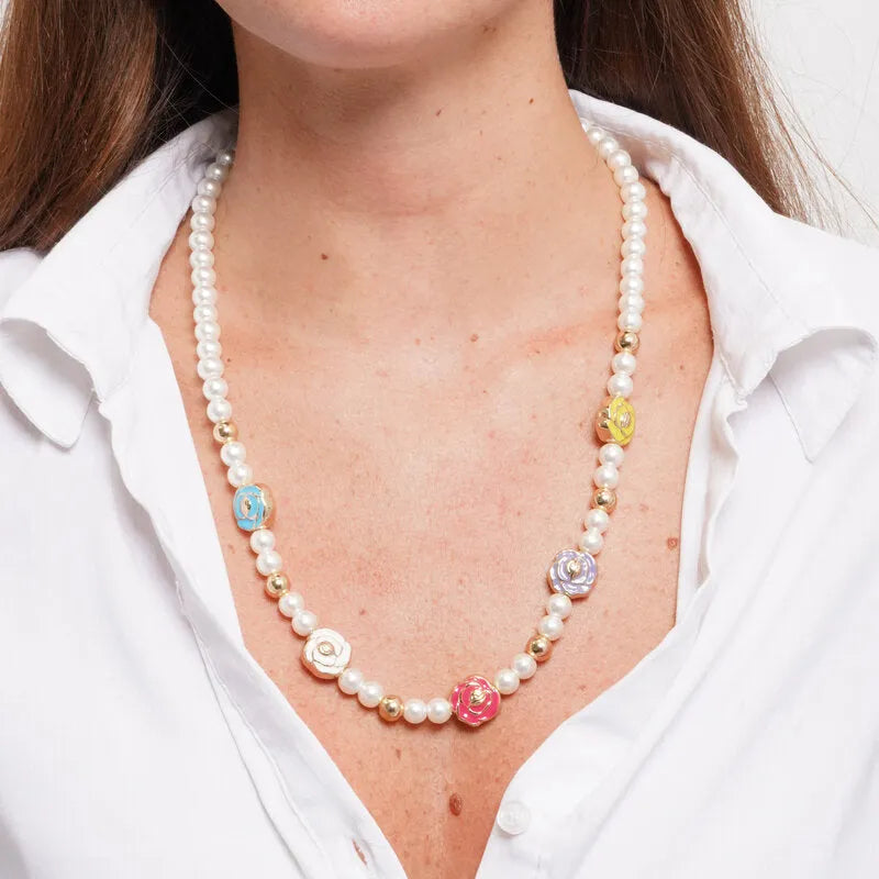 Collana in Metallo con perle e fiori colorati - BYSIMON gioielli
