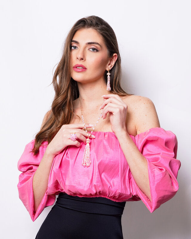 Set coordinato - Collana in Metallo lunga donna nappa perline rosa cipria placcato oro