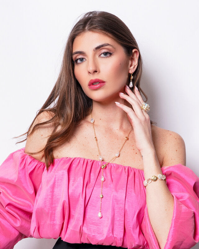 Set coordinato - Collana in Metallo lariat donna charm perle barocche dorate placcato oro