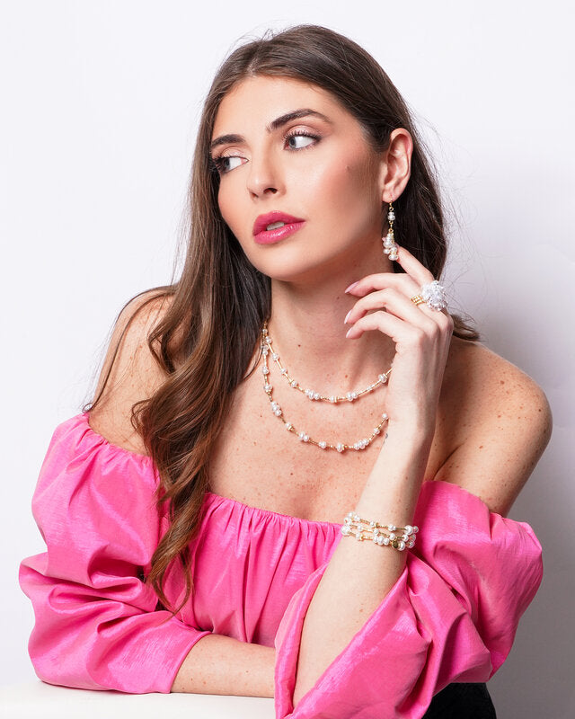 Set coordinato - Collana in Metallo donna perle bianche e barre dorate placcato oro