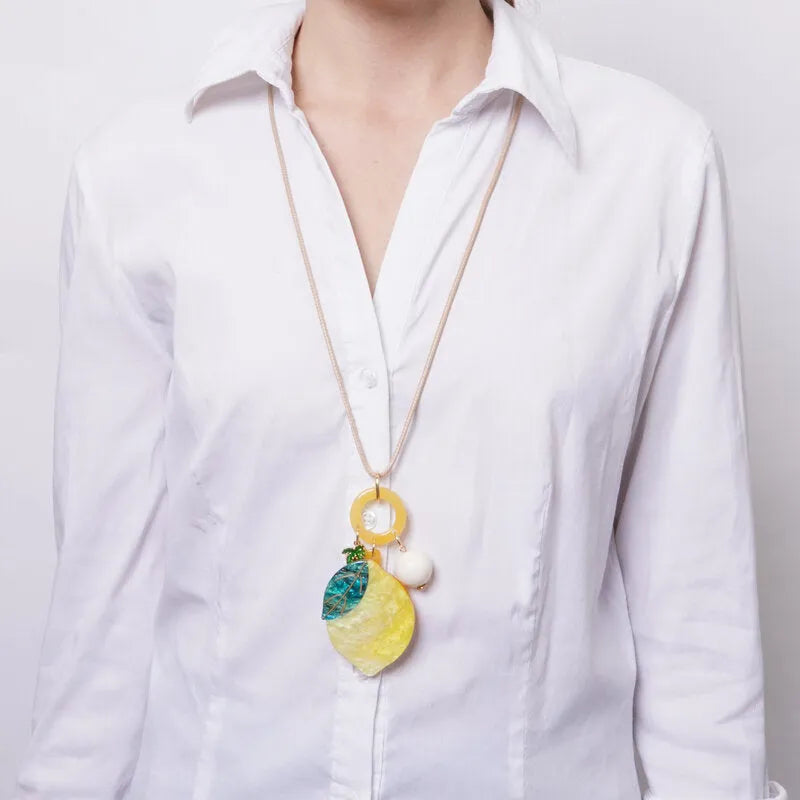 Collana in Metallo con cordino e pendente a forma di limone e pietre
