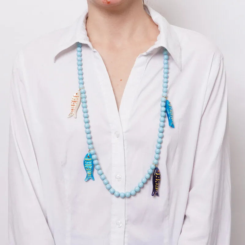 Collana in Metallo con sfere azzurre e pesciolini pendenti BYS - gioiello BySimon