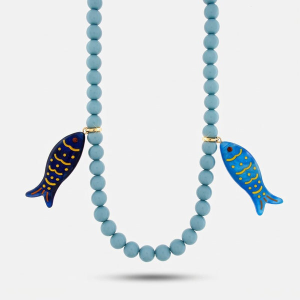 Collana in Metallo con sfere azzurre e pesciolini pendenti BYS - gioiello BySimon