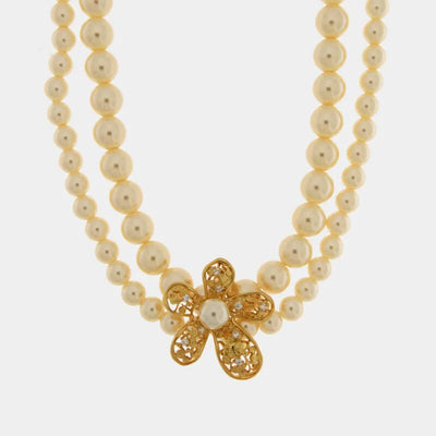 Collana in Metallo donna multifilo con sfere lisce color avorio e pendente floreale con ricami e cristalli luminosi
