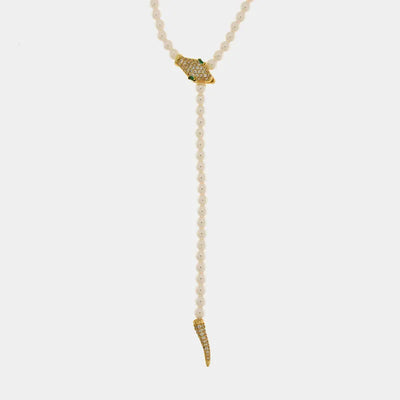 Collana in Metallo donna regolabile con filo di piccoli elementi sferici color avorio e pendente a forma di testa di serpente