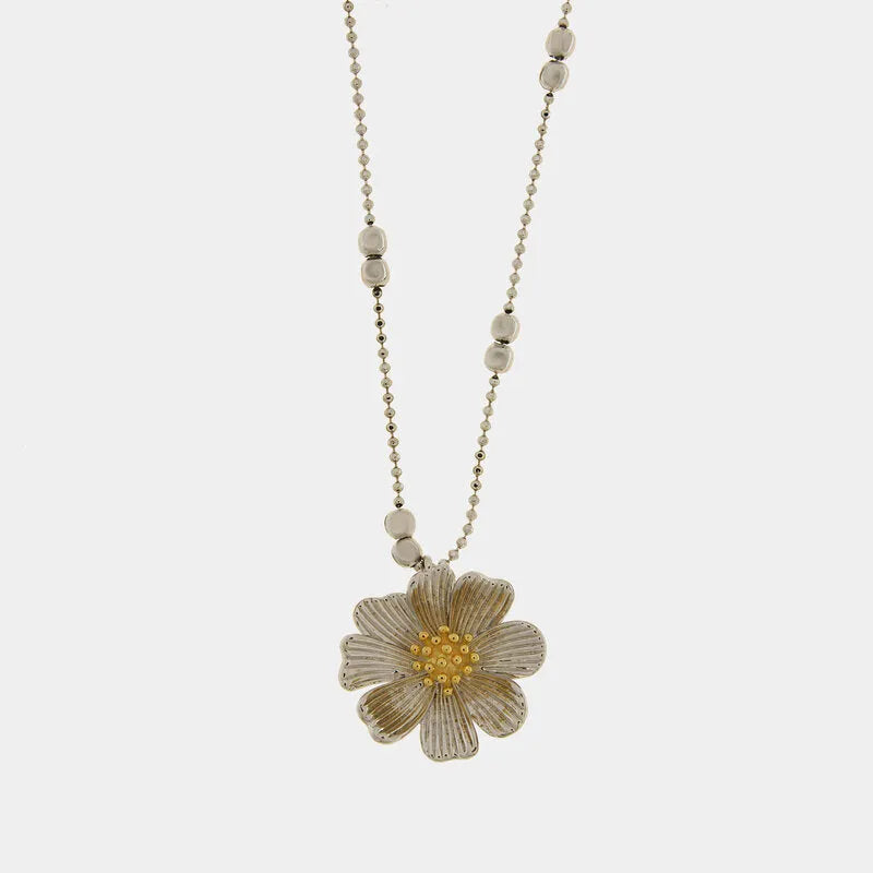 Collana in Metallo donna con catena a sfere in metallo argentato e grande pendente a forma di margherita dalla finitura spazzolata,
