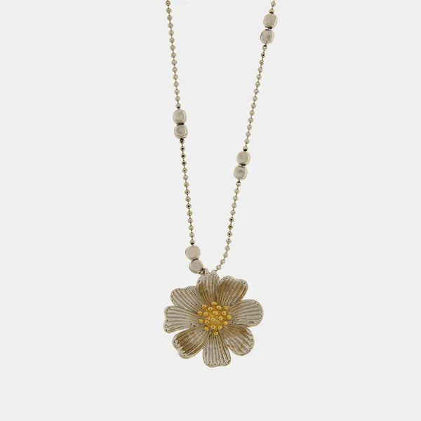 Collana in Metallo donna con catena a sfere in metallo argentato e grande pendente a forma di margherita dalla finitura spazzolata, - BYSIMON gioielli