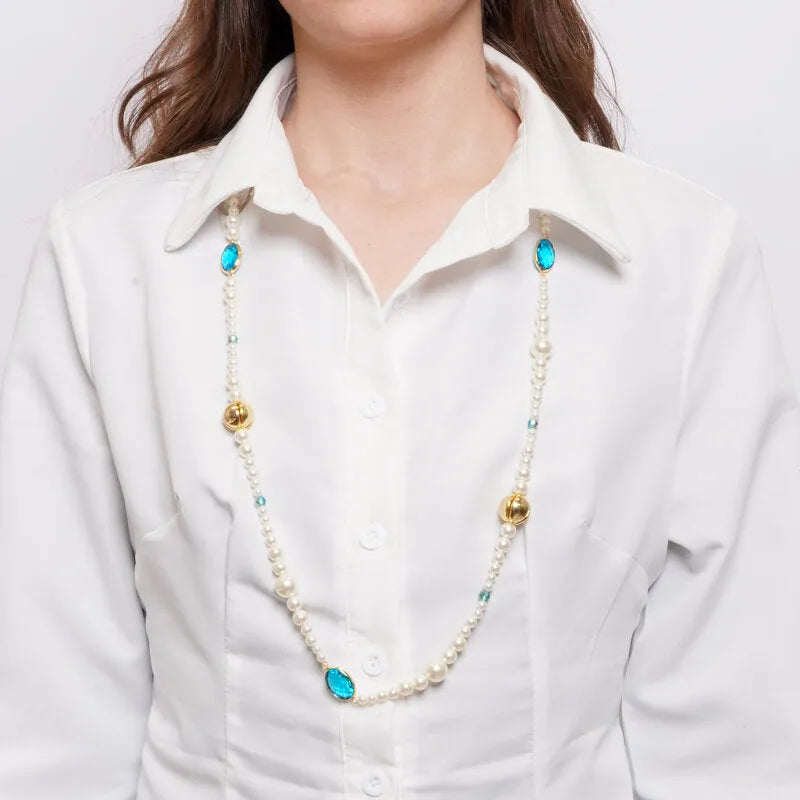 Collana in Metallo lunga con perle e cristalli azzurri - BYSIMON gioielli
